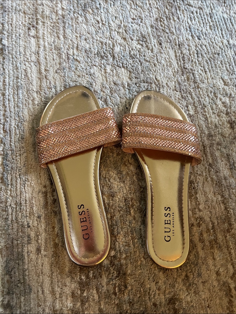 GUESS Rose Gold Crystal Strap Slide Sandals